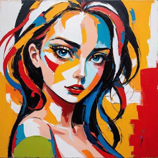 This vibrant painting features a woman with an abstract, mosaic-like face composed of various colors. Her skin is primarily white, but it is interspersed with splashes of blue, yellow, and red, giving her a dynamic and textured appearance. Her large, expressive blue eyes are framed by black eyebrows and long eyelashes, and her lips are painted a striking red. She has long black hair with streaks of red, blue, and yellow, adding to the painting's colorful complexity. The woman is depicted from the shoulders up, with her head turned slightly to the right, gazing directly at the viewer. She is wearing a green shirt, visible on her right shoulder, and her left shoulder is bare. The background is a mix of white, yellow, and red, with a prominent red area on the right side, enhancing the painting's bold and abstract style.