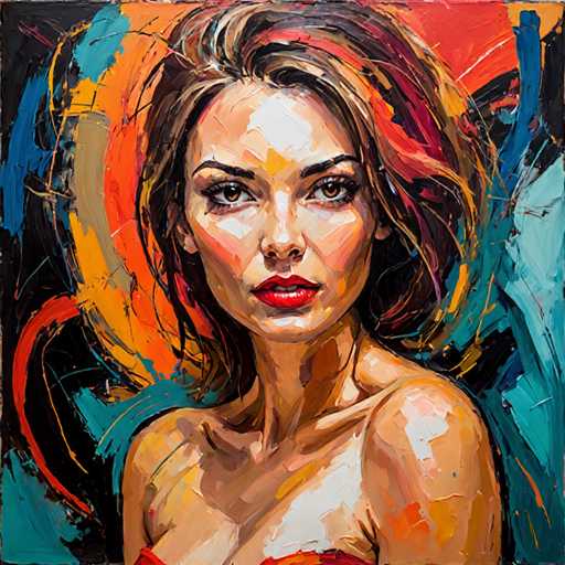 This image is a detailed painting of a woman, likely in her 20s or 30s, with a serious expression. She has shoulder-length, wavy brown hair with hints of red and blonde, and her brown eyes are accentuated by long eyelashes. Her lips are painted a striking red. She is wearing a red top, visible only at the shoulders, and her bare arms suggest she is not wearing any jewelry. The background is a vibrant mix of colors, including shades of blue, orange, red, yellow, and black, with a prominent red circle behind her head. The painting style is somewhat abstract, with visible brush strokes and splashes of color, giving it a dynamic and textured appearance.