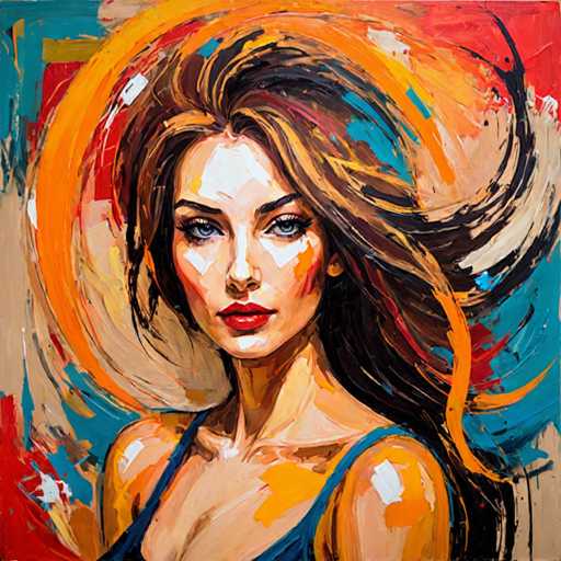 This vibrant painting features a woman with long, flowing brown hair that appears to be caught in a gentle breeze. Her hair is adorned with streaks of orange, yellow, and blue, adding a dynamic and colorful touch. She has striking blue eyes and wears bright red lipstick, which contrasts beautifully with her fair skin. The woman is dressed in a blue tank top, and her bare shoulders are visible, adding to the painting's sense of lightness and freedom. The background is a swirling mix of colors, including red, blue, yellow, and white, creating a lively and energetic atmosphere. The woman's face is the focal point, with her head slightly turned to the left, giving the impression that she is gazing directly at the viewer. The overall composition is both captivating and harmonious, with the flowing hair and vibrant colors drawing the eye across the entire canvas.