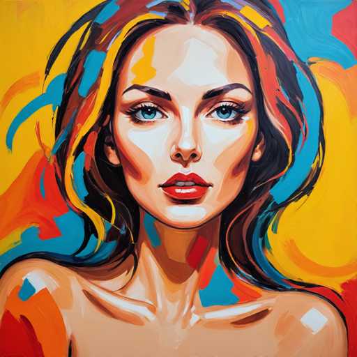 The image depicts an abstract portrait of a woman with long brown hair and striking blue eyes. The painting is done in a realistic style, capturing the intricate details of the subject's face and features. The colors used are predominantly yellow, orange, and red, creating a vibrant and energetic atmosphere.