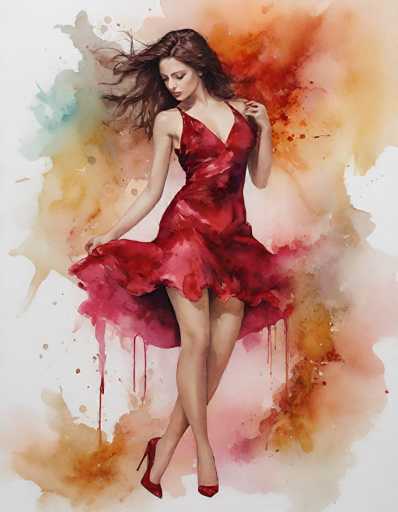 The image is a detailed watercolor painting of a young woman, likely in her early 20s, with long, dark brown hair that flows to the left as if caught in a gentle breeze. She is depicted in a dynamic pose, standing on her left leg with her right leg bent and crossed in front of her. Her right arm is raised, holding the edge of her dress, while her left arm extends behind her, also grasping the fabric. She is wearing a striking red dress with a V-neckline and thin straps, which flares out at the bottom, revealing her legs up to mid-thigh. Her red high heels complement the dress, adding to the overall vibrant look. The background is a blend of soft, abstract watercolor splotches in shades of red, orange, yellow, and hints of blue, creating a harmonious yet dynamic backdrop that contrasts with the detailed realism of the woman. The painting captures a sense of movement and elegance, with the woman's head slightly tilted down and to the left, her eyes closed, and her lips adorned with lipstick, giving her a serene and graceful expression.