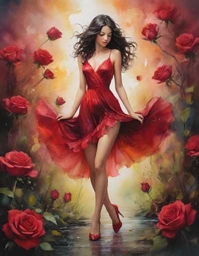 This image is a detailed painting of a young woman with long, dark brown hair, dressed in a striking red dress. The dress features a single shoulder strap on her left side, leaving her right shoulder bare, and has a deep V-neckline that plunges down to her waist. The dress is form-fitting and accentuates her figure, with a high slit on the left side that reveals her leg. She is wearing red high heels that complement her dress. The woman is holding the sides of her dress, lifting it slightly to reveal a red, lacy underskirt that adds a touch of elegance to her outfit.

Her head is tilted downward, and she gazes towards the ground, her eyes closed, giving her a serene and contemplative expression. The background is a blend of soft, watercolor-like hues of yellow, orange, and white, creating a warm and ethereal atmosphere. Surrounding her are numerous red roses, with some positioned to the left and right of her, and others scattered around her feet, adding to the romantic and dreamy feel of the scene. The ground beneath her appears to be a reflective surface, possibly water, which mirrors her image and adds depth to the painting. The overall composition is rich in detail and color, capturing a moment of quiet beauty and grace.