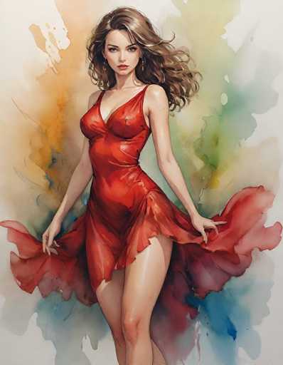 The image depicts a detailed watercolor painting of a young woman, likely in her early 20s, with long, wavy brown hair that cascades down to her shoulders. She has striking blue eyes and is adorned with red earrings. The woman is dressed in a vibrant red, sleeveless dress that features a low neckline and a slit on the side, revealing her upper thighs. The dress appears to be made of a shiny material, possibly resembling leather. She is holding the ends of the dress with both hands, lifting it slightly to reveal more of her legs. The background is a soft blend of colors, including shades of orange, green, blue, and white, creating a harmonious and artistic backdrop that complements the subject. The overall composition of the painting is vertical, with the woman positioned centrally, making her the focal point of the artwork.