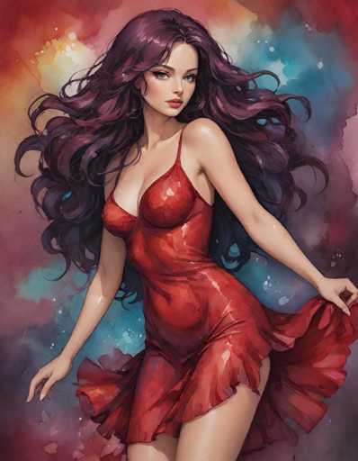 A woman with long dark hair is depicted wearing a red dress and holding her skirt up high while standing against a backdrop of pink and blue hues.