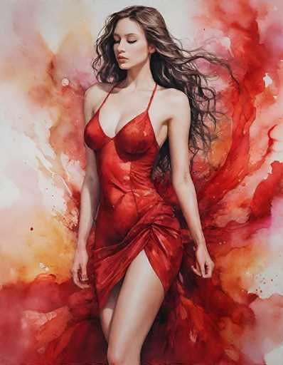 The image depicts a striking painting of a woman with long, wavy brown hair cascading down her back. She is dressed in a red, low-cut dress that accentuates her cleavage and features thin straps over her shoulders. The dress is form-fitting, highlighting her slender figure, and includes a slit on the left side that reveals her leg. The woman's eyes are closed, and she gazes downward to the left, with her head slightly tilted. Her arms rest naturally at her sides, and her lips are painted a vivid red. The background is a dynamic blend of red, orange, and white hues, resembling splashes of paint that create a fiery, almost smoky effect, enhancing the overall intensity of the image.