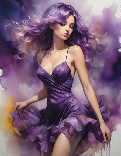 The image depicts a young woman, possibly in her early 20s, with long, flowing hair that transitions from purple to blonde. She is wearing a purple dress with thin straps and a ruffled hem that reaches her upper thighs. The dress appears to be made of a shiny, satin-like material. The woman is captured in a dynamic pose, as if she is twirling or dancing, with her arms extended and holding out the sides of her dress. Her eyes are closed, and she has a serene expression on her face, with her head slightly tilted down and to the right. The background is a blend of purple and white, with splashes of orange and yellow, creating a dreamy, ethereal atmosphere. The image has a slightly surreal quality, making it difficult to determine if it is a photograph or a painting.
