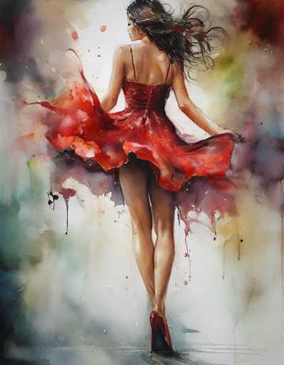 The image depicts a woman wearing a red dress with her hair flowing freely as she dances. The background is a gradient of colors transitioning from blue at the top to purple at the bottom, creating an abstract and dreamy atmosphere. The painting style is loose and impressionistic, focusing on capturing the essence of movement rather than minute details.