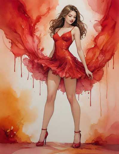 A woman is standing in front of a painting that features red and orange hues with white splatters. She is wearing a red dress and high heels. The background appears to be a gradient of colors transitioning from red at the top to orange at the bottom.