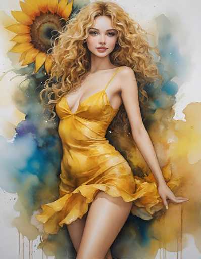 This image is a detailed painting of a young woman with long, curly blonde hair that cascades down to her waist. She is wearing a yellow dress with thin straps and a low-cut neckline that reveals some cleavage. The dress is short, ending just above her knees, and features a ruffled hem that adds a touch of elegance. The woman is posed with her left arm extended behind her, while her right arm is not visible in the image. She has striking green eyes and pink lips, and her expression is neutral as she gazes directly at the viewer. The background is a vibrant mix of colors, including shades of blue, yellow, green, and purple, with a large sunflower positioned to her left. The overall composition is vertical, with the woman's figure centrally placed, creating a balanced and visually appealing scene.