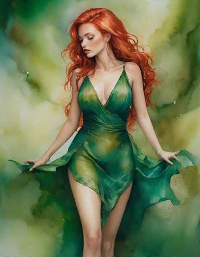 This image is a detailed painting of a young woman with long, wavy red hair that cascades down to her waist. She is wearing a green dress with a deep V-neckline that reveals a significant portion of her chest and a strap over her left shoulder. The dress is short, ending just above her knees, and features a slit on the right side, exposing her upper thigh. The woman is holding out the sides of her dress with both hands, as if it were made of a flowing fabric. Her head is tilted down to the left, and she is looking down with her eyes closed, giving her a serene expression. Her lips are painted a vivid red, and she has a slight blush on her cheeks. The background of the painting is a blend of green, white, and yellow hues, creating a soft, watercolor-like effect that complements the overall composition.