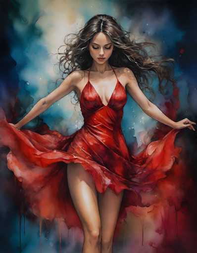 The image depicts a young woman, likely in her early 20s, with long, wavy brown hair that cascades down to her shoulders. She is wearing a striking red dress with thin straps and a deep V-neckline that reveals a significant amount of cleavage. The dress is short, ending just above her knees, and features a flowing, ruffled bottom that she holds out with both hands, creating a dramatic effect. Her legs are bare, adding to the dress's summery and revealing nature. The woman's head is tilted downward, and she gazes at the ground, her expression serene and contemplative. The background is a blend of dark blue, light blue, and white, with hints of red that complement her dress. The overall composition suggests a painting, capturing a moment of quiet elegance and introspection.