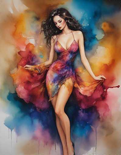 This image is a detailed painting of a young woman, likely in her early 20s, with long, wavy, dark brown hair. She is depicted in a vibrant, low-cut dress that features a tie at the front and is adorned with a mix of colors including red, orange, yellow, blue, purple, and pink. The dress is form-fitting, highlighting her slender figure, and has a slit on the side that reveals her upper thigh. She is wearing black high heels and holding the sides of her dress with both hands, as if preparing to twirl. The background is a swirling blend of colors, predominantly blue, orange, and red, with hints of purple, creating a dynamic and artistic effect. The painting captures her from the top of her head down to her ankles, with her face looking down and her eyes closed, adding a serene and introspective mood to the piece.