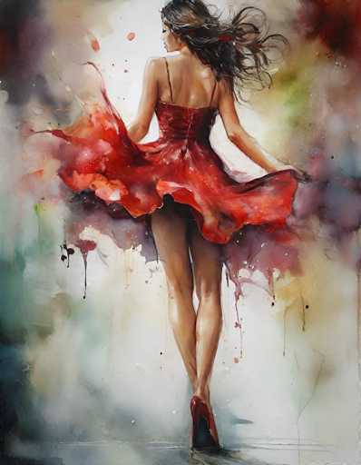 This detailed watercolor painting depicts a slender woman with long, dark hair, wearing a striking red dress with thin straps and a high slit that reveals her legs. She is captured in a dynamic pose, twirling and lifting the back of her dress with both hands, causing it to billow out dramatically. Her red high-heeled shoes complement the vividness of her dress. The woman's head is turned to the left, revealing her profile, including her long eyelashes and a glimpse of her eye. The background is a blend of soft, muted colors—white, gray, blue, yellow, and hints of red— creating a dreamy, almost ethereal atmosphere. The painting's style is loose and fluid, with paint appearing to drip and blend together, enhancing the overall sense of movement and grace.