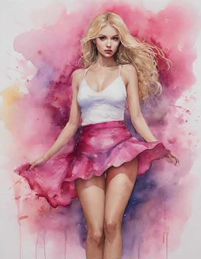 This image is a detailed watercolor painting of a young woman, likely in her early 20s, with long, wavy blonde hair cascading down to her waist. She is depicted wearing a white tank top that reveals a significant amount of cleavage and a very short, pink skirt that is adorned with sparkles and sequins. The skirt flares out as she holds it with both hands, revealing her bare legs. Her expression is serious, and she gazes directly at the viewer with dark eyes and pink lips. The background is a vibrant mix of pink, purple, and blue hues, with some areas appearing to drip down the canvas, adding to the dynamic and artistic feel of the painting. The overall composition is vertical, emphasizing the woman's figure and the flowing nature of her hair and skirt.