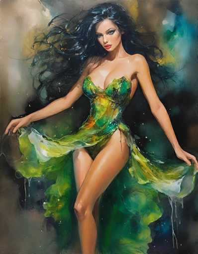 This image is a detailed painting of a young woman with long, wavy black hair that flows dramatically behind her, as if caught in a gentle breeze. She has a striking appearance with dark eyes, dark eyebrows, and red lips, and she is gazing directly at the viewer. The woman is wearing a form-fitting, strapless dress that accentuates her figure, particularly her large breasts and long legs. The dress is a vibrant mix of green, yellow, and blue hues, with a sheer, flowing skirt that she holds out with both hands, revealing her legs. The background of the painting is a blend of gray, blue, and yellow tones, which complements the colors of her dress. The overall composition is vertical, with the woman's body positioned centrally, creating a balanced and captivating image.