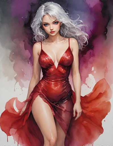 This image features a detailed painting of a young woman with striking blue eyes and long, wavy gray hair that cascades past her shoulders. She is dressed in a vibrant red dress that accentuates her figure, with thin straps and a low-cut neckline that reveals a significant portion of her chest. The dress is form-fitting, highlighting her curves, and includes a slit on the left side that extends up to her upper thigh, adding a touch of allure. The fabric of the dress appears to be flowing, as if caught in a gentle breeze, with the bottom part billowing out around her. The background is a harmonious blend of purple, gray, and white hues, creating a soft, almost ethereal atmosphere that complements the subject. The woman's expression is one of subtle intensity, with her gaze directed straight at the viewer, adding a captivating element to the overall composition.