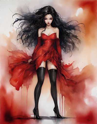 The image is a detailed, computer-generated illustration of a young Asian woman with long, dark, wavy hair that flows dramatically to the sides. She is dressed in a striking red dress that features a sweetheart neckline and a high slit on the right side, revealing her upper thigh. The dress is form-fitting and sleeveless, with long red gloves extending from her elbows to her wrists. She pairs the dress with black thigh-high stockings and black high heels. The woman is holding the sides of her dress, which billows out around her, and she gazes directly at the viewer with a serious expression. The background is a blend of red, orange, and white hues, with the red appearing to drip down from the top, creating a smoky, ethereal effect. The overall composition is vertical, with the woman standing centrally against this vibrant, abstract backdrop.