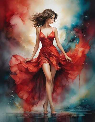 The image depicts a young woman, likely in her early 20s, with long, flowing brown hair that appears to be caught in the wind. She is wearing a striking red dress with thin straps and a deep V-neckline that reveals some cleavage. The dress is form-fitting at the top and waist, but it billows out dramatically at the bottom, resembling a skirt or a flowing cape, as if she is twirling it around her. She is standing on a reflective surface, possibly water, and is wearing high-heeled shoes. The background is a vibrant mix of colors, including reds, blues, whites, and yellows, creating a dynamic and somewhat abstract setting. The overall scene is reminiscent of a painting, with the woman's pose and the flowing fabric of her dress as the focal points.