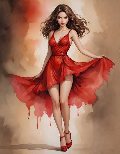This image is a detailed, computer-generated illustration of a young woman with long, wavy brown hair cascading past her shoulders. She is dressed in a striking, low-cut red dress with thin straps and a slit on the side, revealing her legs. The dress features a belt-like detail around the waist and extends into a dramatic, flowing train that appears to be dripping red paint. She is wearing red high-heeled shoes with ankle straps. The woman is holding out the sides of her dress, as if caught in a breeze, and she gazes directly at the viewer with a serious expression. The background is a blend of brown, beige, and gray hues, with darker edges that frame the central figure. The overall composition is vertical, emphasizing the elegance and drama of the scene.