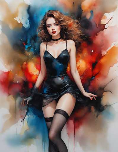 This image is a detailed painting of a young woman, likely in her early 20s, with long, wavy, reddish-brown hair that flows to her shoulders. She has striking blue eyes, red lipstick, and a pale complexion. She is dressed in a black, sleeveless dress that appears to be made of leather or plastic, featuring thin straps and a high slit that reveals her upper thigh. Around her neck is a black choker, and she wears black thigh-high stockings with lace tops. Her arms are extended to her sides, with her hands pointing downward. The background is a vibrant, abstract mix of colors, including reds, oranges, blues, and whites, creating a dynamic and somewhat chaotic effect. The overall composition is vertical, with the woman positioned centrally, making her the focal point of the artwork.