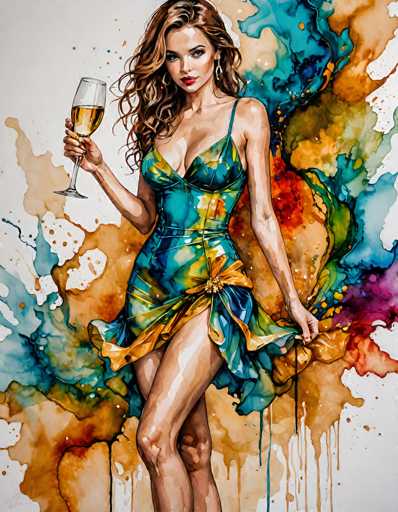 The image is a detailed painting of a woman with long, wavy brown hair cascading down her shoulders. She is dressed in a striking blue and yellow one-piece dress that features thin straps and a high slit on the right side, revealing her leg. The dress is adorned with an orange sash tied around her waist, adding a touch of elegance. She is holding a wine glass filled with yellow liquid in her right hand, while her left hand is gracefully lifting the hem of her dress. The woman's head is slightly tilted to the right, and she gazes directly at the viewer with a serious expression. The background is a vibrant mix of colors, including splashes of blue, yellow, orange, green, and purple, creating a dynamic and lively atmosphere. The painting captures the woman from her knees up, with her feet not visible in the frame.