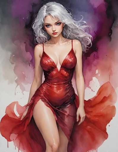 The image depicts a woman wearing a red dress with a low back and a slit on the side. The background is a gradient of purple and pink colors, creating an ethereal atmosphere around her figure. The woman's hair is styled in loose waves that fall over her shoulders, adding to the overall sense of movement and dynamism in the scene.