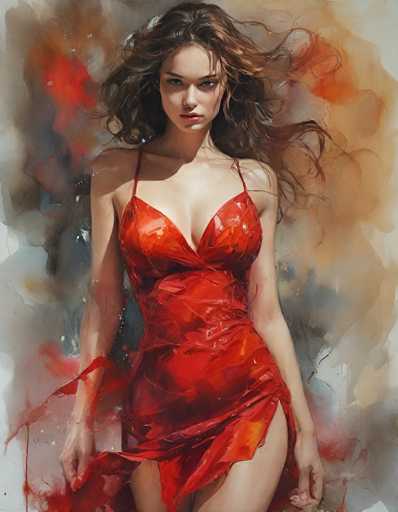 This image is a detailed painting of a young woman, likely in her early 20s, with long, wavy brown hair that appears to be blowing in the wind. She has a pale complexion and striking blue eyes, and she is looking directly at the viewer with a serious expression. She is wearing a red dress with thin straps over her shoulders and a slit on the right side, revealing her upper thigh. The dress has a low neckline, accentuating her cleavage. Her arms are relaxed at her sides, and she is holding the ends of her dress with both hands, as if to keep it from blowing away. The background is a blend of abstract watercolor splotches in shades of red, gray, brown, and white, creating a dynamic and somewhat chaotic backdrop that contrasts with the more defined and realistic portrayal of the woman.