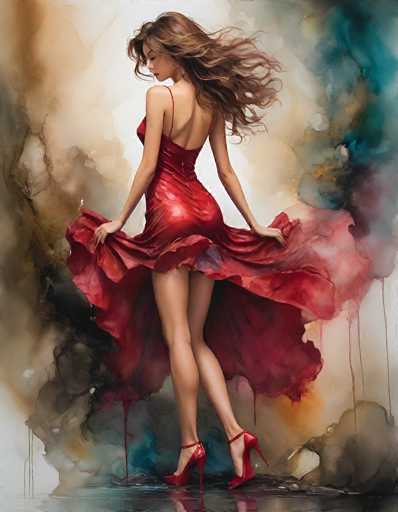 The image depicts a young woman, possibly in her late teens or early twenties, with long, wavy brown hair that flows dramatically in the wind. She is wearing a striking red dress that features thin straps over her shoulders and a low-cut back, revealing her bare back. The dress is short in the front but extends into a long, flowing tail that she holds with both hands, creating a dynamic and elegant pose. Her legs are bare, and she is adorned with red high-heeled shoes that have ankle straps. The woman is looking over her right shoulder, her head slightly tilted down, with her eyes closed, giving a sense of introspection or serenity. The background is a vibrant and abstract watercolor composition, blending shades of blue, brown, black, and white, with some areas appearing to drip like paint. The overall effect is a harmonious blend of realism and artistic abstraction, capturing a moment of graceful movement and beauty.