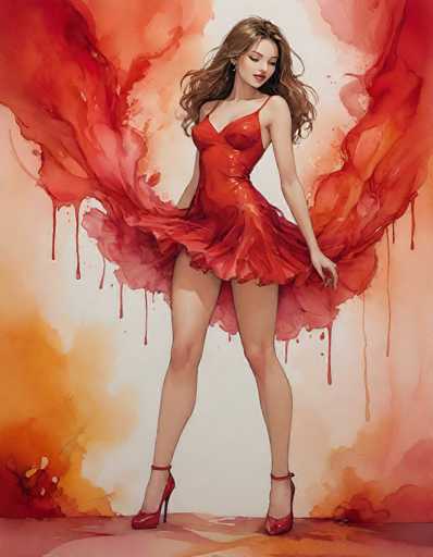 This image is a detailed painting of a young woman, likely in her early 20s, with long, wavy brown hair cascading down to her chest. She is depicted wearing a striking red dress that features thin straps over her shoulders and a sweetheart neckline. The dress is form-fitting and accentuates her figure, with a short skirt that flares out dramatically at the back, revealing her legs. She is adorned with red high-heeled shoes that have ankle straps, and her toenails are painted red to match her shoes and dress.

The woman is posed with her body facing forward, while her head is turned to the right, gazing downward with a serene expression. Her left arm is extended behind her, holding out the back of her dress, adding to the dynamic and elegant pose. The background of the painting is a blend of white, orange, and red hues, with splashes of paint that create a fiery, smoky effect, enhancing the overall dramatic and vibrant atmosphere of the artwork.