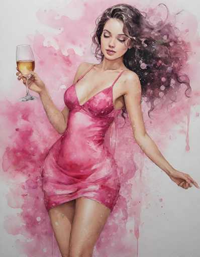A woman in a pink satin dress holds a glass of champagne, with a soft watercolor-style background. The woman has long, wavy hair and is looking down with a serene expression. Her body is angled slightly to the left, and her right arm is extended towards the viewer. The overall style of the artwork is dreamy and romantic, with a focus on soft colors and flowing lines.