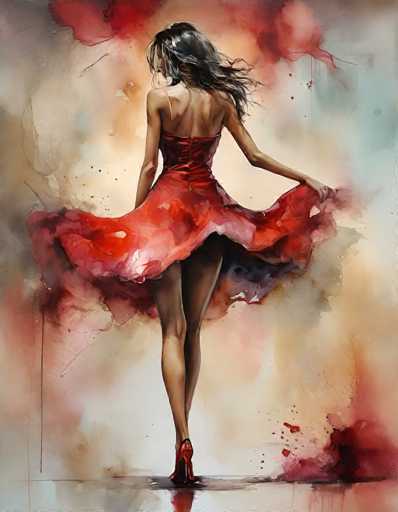 This image is a detailed painting of a slender woman with long, dark hair, wearing a striking red dress. The dress is sleeveless and strapless, with a fitted bodice that flares out into a full skirt, which she holds up with both hands, revealing her bare legs and red high-heeled shoes. The woman is positioned with her back to the viewer, her head turned slightly to the left, allowing a glimpse of her profile. The background is a blend of muted colors, including shades of red, pink, blue, and gray, with watercolor-like splotches and splatters that create a dynamic and artistic effect. The overall composition is vertical, emphasizing the elegance and grace of the woman against the abstract, colorful backdrop.
