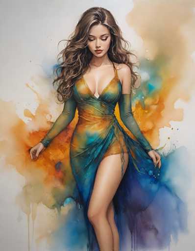 This detailed watercolor painting depicts a young woman with long, wavy brown hair cascading past her shoulders. She is dressed in a striking, form-fitting dress that combines shades of blue, orange, and green, with a deep V-neckline that reveals her cleavage. The dress features a high slit on the left side, exposing her leg up to the thigh. Her arms are adorned with long, green sleeves that extend from her shoulders to her wrists, and she holds the sides of her dress with both hands, giving the impression that it is billowing in the wind. The background is a vibrant mix of colors, with splashes of orange, blue, green, and purple, creating a dynamic and lively atmosphere. The woman's eyes are closed, and she gazes downward, adding a sense of introspection to the piece. The overall composition is both colorful and captivating, with the interplay of the woman's pose and the vivid background colors drawing the viewer's attention.