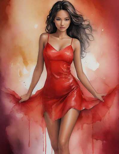 This image is a detailed painting of a young woman, likely in her early 20s, with long, wavy dark brown hair that cascades down to her shoulders. She has a light brown complexion and is wearing a red dress that appears to be made of leather or vinyl. The dress is sleeveless with thin straps and features a high slit on the left side, revealing her upper thigh. The woman is holding out the sides of her dress with both hands, causing it to spread out around her. She has a serious expression and is looking directly at the viewer. The background is a blend of watercolor hues, predominantly reds, pinks, and whites, with some areas appearing to drip down, creating a dynamic and somewhat abstract effect. The overall composition is vertical, with the woman's figure centered in the frame.