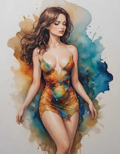 This detailed watercolor painting depicts a young woman with long, wavy brown hair cascading down to her shoulders. She is dressed in a short, sleeveless dress that features a vibrant mix of colors, including shades of orange, yellow, blue, and green. The dress has a low neckline that reveals a significant portion of her chest, and it is cut high on her thighs, exposing her legs. The woman is positioned with her body facing forward, while her head is turned to the right, and her eyes are cast downward, giving her a contemplative expression. Her arms are relaxed at her sides, and her legs are crossed at the knees. The background is a blend of soft, abstract watercolor splashes in hues of blue, orange, and brown, set against a light gray backdrop. The overall composition is vertical, with the woman's figure centrally placed, creating a striking and elegant portrait.