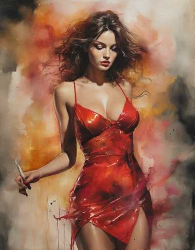 This image is a detailed painting of a young woman with long, dark brown hair that appears to be blowing in the wind. She is wearing a shiny, red dress that is low-cut and sleeveless, with thin straps over her shoulders. The dress is cut high on her thighs, revealing her legs. The woman is looking down at a lit cigarette in her right hand, which she holds out in front of her. Her left arm is positioned behind her, and she has a serious expression on her face. The background of the painting features a mix of colors, including shades of orange, red, pink, and gray, creating a smoky, abstract effect that complements the overall composition. The painting is rectangular, with the left and right sides twice as long as the top and bottom sides.