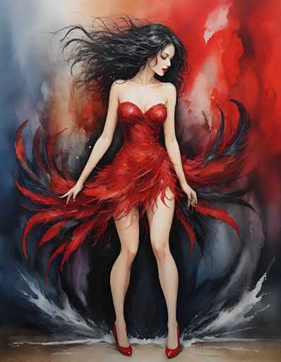 This image is a detailed painting of a woman in a striking red dress, reminiscent of a showgirl or cabaret dancer. She stands with her legs slightly apart, her arms outstretched to the sides, holding out the sides of her dress, which flares out dramatically like peacock feathers. The dress is strapless, with a sweetheart neckline, and features a feathered design that extends from her chest down to her upper thighs. She wears red high heels that match her dress, and her long, wavy black hair flows behind her, adding to the sense of movement in the scene. The woman's head is tilted to the right, her eyes closed, and her lips painted a vivid red, giving her a serene expression. The background is a blend of smudged and blended colors, predominantly reds, grays, and whites, with splashes of blue and black, creating a dynamic and somewhat abstract setting that complements the figure. The overall composition captures a moment of graceful elegance and theatrical flair.