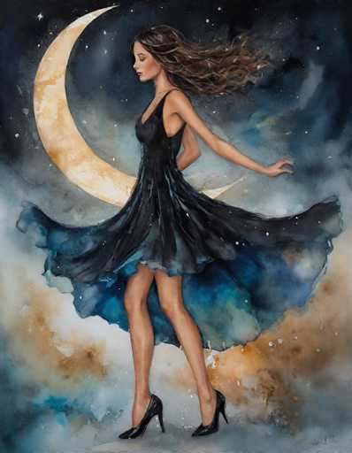The image depicts a detailed painting of a young woman with long, flowing brown hair, dressed in a black dress that transitions into shades of blue at the bottom. She is wearing black high heels and is captured in a graceful pose, with her right arm bent behind her back and her left arm extended outward. Her eyes are closed, and she appears to be looking to the left. The background is a mesmerizing night sky filled with stars, featuring a prominent crescent moon that is a blend of yellow and white hues. The sky transitions from dark blue at the top to lighter blue and then to a mix of white, brown, and blue towards the bottom, creating a dreamy, ethereal atmosphere. The woman's dress is slightly lifted, revealing her legs, and the overall scene exudes a sense of serene beauty and tranquility.