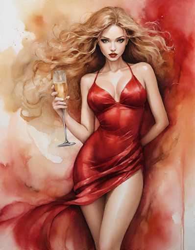 This image is a detailed painting of a young woman with long, wavy blonde hair that flows behind her, almost as if caught in the wind. She is wearing a form-fitting, low-cut red dress that accentuates her figure, with thin straps over her shoulders and a slit on the left side that reveals her leg. The woman is holding a champagne glass in her right hand, which is raised to shoulder level, while her left arm is positioned behind her back. She has striking blue eyes, red lipstick, and a serious expression as she gazes directly at the viewer. The background is a blend of watercolor hues, predominantly reds, oranges, and whites, creating a dynamic and somewhat abstract setting that complements the vibrant red of her dress. The overall composition is vertical, with the woman's figure centrally positioned, making her the focal point of the artwork.