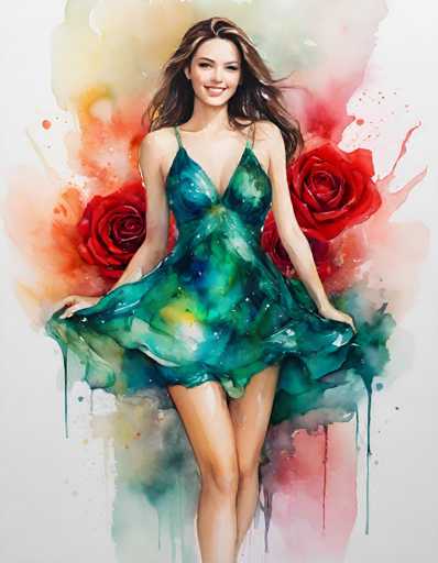 This detailed watercolor painting features a young woman with long, dark brown hair, smiling warmly at the viewer. She is wearing a short, strapless dress that combines shades of blue, green, and yellow, with a low-cut neckline. The woman is holding out the sides of her dress, revealing her legs. Behind her, two large red roses are prominently displayed, adding a vibrant contrast to the composition. The background is a blend of soft watercolor hues, including light pink, peach, and yellow, with splashes of red and blue, creating a dreamy and ethereal atmosphere. The painting captures the woman from her head down to her knees, emphasizing her joyful expression and the fluidity of her dress.