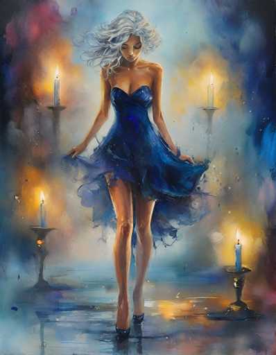 This detailed painting depicts a woman with long, wavy gray hair, dressed in a strapless blue dress that falls just above her knees. She is wearing black high heels and is captured in the act of lifting the hem of her dress with both hands, revealing her legs. Her eyes are closed, and she gazes downward, adding a sense of introspection to the scene. The background is a blend of blue, gray, and white hues, creating a soft, ethereal atmosphere. Surrounding her are four lit candles, two on each side, casting a gentle glow that enhances the dreamy quality of the image. The woman stands on a reflective surface, possibly water, which mirrors her image and the candles, adding depth to the composition. The overall effect is one of serene beauty and delicate elegance.