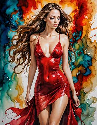 The image depicts a detailed painting of a woman with long, wavy brown hair that cascades down to her waist. She is wearing a striking red dress that features a deep V-neckline, revealing a significant portion of her chest, and thin straps that go over her shoulders. The dress is form-fitting, accentuating her figure, and has a flowing tail that extends to the bottom left and right of the image. The woman is looking down towards the bottom right corner, her head slightly tilted, with her eyes partially closed, giving her a contemplative expression. Her arms are relaxed at her sides, and her hands are gently holding the ends of her dress. The background is a vibrant mix of colors, including shades of blue, red, orange, green, and yellow, resembling watercolor splotches that add a dynamic and artistic flair to the overall composition.