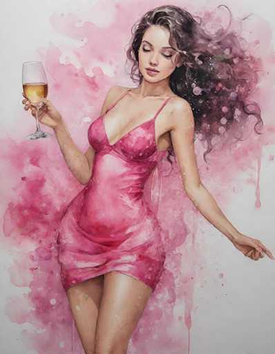 This image is a detailed painting of a woman in a pink dress, set against a white background. The woman, who has long, dark brown hair that appears to be flowing in the wind, is depicted with her eyes closed and her head tilted slightly to the left. She is wearing a pink dress that is low-cut, revealing her cleavage, and has thin straps over her shoulders. The dress is short, ending just above her upper thighs, showcasing her bare legs. In her right hand, she holds a glass of yellow wine, with her arm bent at the elbow. Her left arm is extended behind her, with her hand pointing towards the bottom right corner of the image. The background features splashes of pink paint, adding a dynamic and artistic touch to the composition.