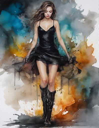 The image depicts a detailed watercolor painting of a woman with long, wavy brown hair that cascades down to her chest. She is dressed in a black, sleeveless dress that features thin straps and falls just above her knees. The dress is made of a shiny material, possibly leather or satin, and she is holding it out with both hands, revealing her bare legs. Her footwear consists of tall, black boots that extend up to her knees, with the toes pointing downward. The woman's head is tilted downward, and she gazes at the ground, her eyes closed. The background is a vibrant mix of colors, including shades of blue, gray, orange, yellow, and brown, with paint splatters creating a dynamic and textured effect. The overall composition is vertical, with the woman positioned centrally, and the background colors blend seamlessly, adding depth and contrast to the painting.
