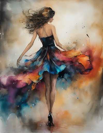 This detailed watercolor painting depicts a slender woman with long, wavy brown hair, standing with her back to the viewer. She is wearing a strapless black dress that transitions into a vibrant, multicolored skirt featuring hues of blue, orange, purple, and pink. The dress is cinched at the waist with a black belt, and she is adorned in black high heels. The woman appears to be in motion, possibly dancing or twirling, as her skirt billows out around her. Her head is turned to the right, revealing a glimpse of her profile. The background is a blend of light brown, gray, and white tones, with splashes of paint that echo the colors of her dress, creating a harmonious and dynamic composition.