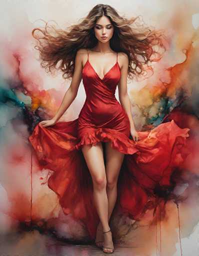 The image depicts a young woman with long, wavy brown hair that flows dramatically in the wind. She is wearing a striking red dress that features thin straps and a deep V-neckline, accentuating her cleavage. The dress is form-fitting, highlighting her slender figure, and has a short hemline that reveals her legs. She is holding the sides of the dress with both hands, lifting it slightly to reveal a long, flowing tail that extends behind her. Her footwear consists of high-heeled sandals with ankle straps. The background is a vibrant, abstract watercolor painting with splashes of red, orange, blue, and black, creating a dynamic and colorful backdrop that contrasts with her red dress. The overall composition gives the impression of a lively and artistic portrayal, possibly AI-generated, with the woman's face looking down and her eyes appearing closed.