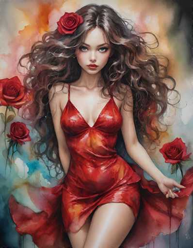 The image is a detailed, computer-generated painting of a young woman with long, wavy brown hair that cascades down to her waist. She is wearing a striking red dress that appears to be made of leather or satin, with thin straps and a high slit on the right side, revealing her leg. The dress is form-fitting, accentuating her figure, and features a V-neckline. Her hair is adorned with a red rose on the left side, adding a touch of elegance to her appearance. The woman has blue eyes, red lipstick, and a serious expression as she gazes directly at the viewer. Her left arm is extended, holding the hem of her dress, while her right arm is positioned behind her. Surrounding her are four additional red roses, two on each side, enhancing the vivid red theme of the painting. The background is a blend of watercolor-like hues, with a mix of orange, blue, and white, creating a soft, ethereal atmosphere that complements the overall composition.