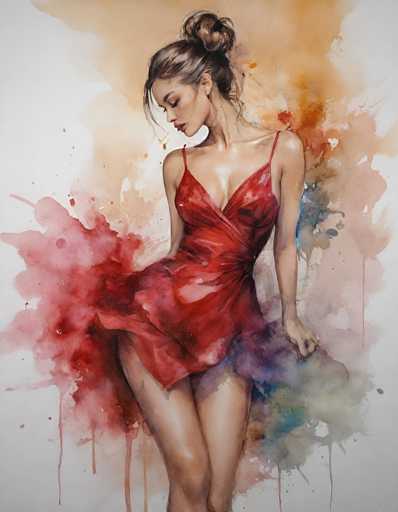This detailed watercolor painting features a young woman, likely in her early 20s, with fair skin and dark brown hair styled in a bun with a few strands cascading over her face. She is depicted in a red, low-cut dress with thin straps, which appears to be blowing in the wind, revealing her bare legs. The woman is looking down to her right, her head slightly tilted, with her eyes closed and red lipstick accentuating her lips. The background is a vibrant mix of colors, including shades of red, pink, blue, green, and orange, with paint splatters and drips adding to the dynamic feel of the artwork. The overall composition is vertical, with the woman positioned centrally, creating a striking contrast against the colorful, abstract backdrop.