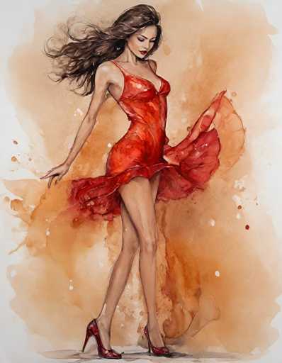 This detailed watercolor painting depicts a slender woman with long, wavy brown hair, dressed in a striking red dress. The dress, which features thin straps and a low neckline, flares out dramatically at the bottom, creating a dynamic, almost ethereal effect as if she is twirling. She is wearing matching red high heels that complement her outfit. The woman's head is tilted downward, and she gazes towards the bottom right corner of the image, her expression serene and contemplative. The background is a soft blend of light brown and white hues, with splashes of red paint adding depth and contrast to the scene. The overall composition captures a sense of movement and elegance, with the flowing lines of her hair and dress enhancing the painting's graceful and artistic quality.