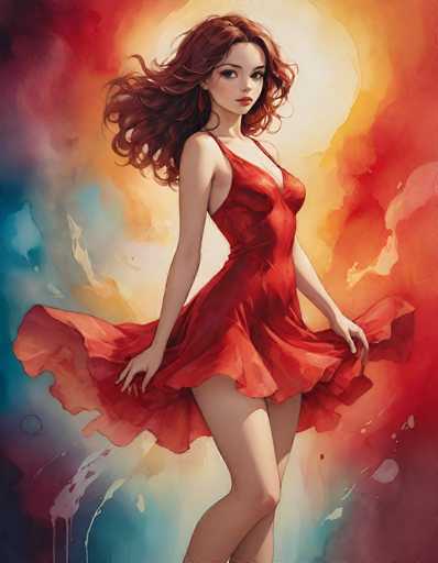This image is a detailed, computer-generated illustration of a young woman, possibly in her late teens or early twenties, with long, wavy red hair that flows behind her as if caught in the wind. She is depicted in a dynamic pose, standing with her body facing to the right while her head is turned over her right shoulder, gazing directly at the viewer. She is wearing a sleeveless, red dress that is short, ending just above her knees, and appears to be made of a flowing fabric that billows out behind her. Her arms are extended, holding out the sides of her dress, adding to the sense of movement. The background is a vibrant mix of colors, with a central yellow glow that transitions into orange, red, and purple hues, creating a dramatic, almost fiery atmosphere. The lower part of the background features splashes of blue and white, adding to the dynamic and colorful composition. The overall effect is a striking and vivid portrayal of a young woman in motion, set against a dramatic, colorful backdrop.
