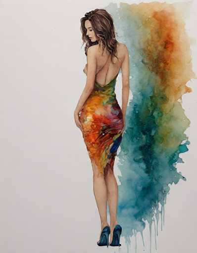 This image is a detailed painting of a woman standing against a white background. The woman is depicted with her back partially turned towards the viewer, showcasing her long, dark brown hair that cascades down to her shoulders. Her head is slightly turned to the left, revealing her face in profile. She has a fair complexion and her eyes are closed, with her head slightly tilted down. Her lips are painted a dark red, and she has a small nose.

Her attire is a striking, sleeveless dress that reveals her back. The dress is form-fitting and extends down to her knees. It features a vibrant, multicolored pattern with shades of orange, yellow, green, blue, and purple. The dress is adorned with a floral design that includes flowers and leaves, adding to its intricate beauty.

Her arms are positioned down by her sides, with her hands resting on her hips. She is wearing high-heeled shoes that are predominantly black, with a touch of blue on the front. The background is mostly white, but on the right side of the image, there is a splash of watercolor paint. This paint features a blend of blue, green, yellow, and orange hues, adding a dynamic and colorful element to the composition.